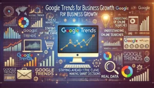 Google Trends for Business Growth illustration featuring digital marketing symbols, computer screens, graphs, charts, and search trend icons. Key points such as staying ahead of the curve, understanding online searches, making smart decisions, and using real data are highlighted.