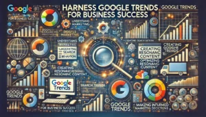 Harness Google Trends for Business Success illustration featuring digital marketing symbols, computer screens, graphs, charts, and search trend icons. Key points such as understanding search behavior, creating resonant content, optimizing marketing strategies, and making informed decisions are highlighted.