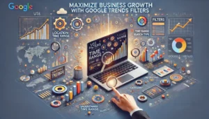 Maximize Business Growth with Google Trends Filters illustration featuring digital marketing symbols, computer screens, graphs, charts, and filter icons. Key points such as using filters by location, time range, category, and search type, understanding specific trends, and making analysis more accurate are highlighted.