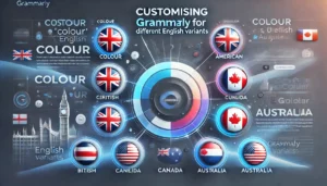 Illustration of customising Grammarly for different English variants with text examples and flags of the UK, USA, Canada, and Australia 