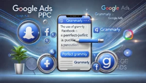 Illustration of Google Ads PPC with Grammarly used on social platforms like Facebook and Twitter to ensure perfect spelling and punctuation