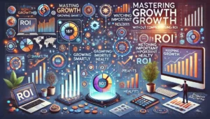 Mastering Growth Without Compromising ROI illustration featuring digital marketing symbols, computer screens, graphs, charts, and financial growth icons. Key points such as growing smartly, watching important numbers, and keeping profits healthy are highlighted.