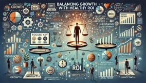 Balancing Growth with Healthy ROI illustration featuring digital marketing symbols, computer screens, graphs, charts, and financial growth icons. Key points such as focusing on key metrics, implementing sustainable strategies, fostering a strong company culture, and achieving long-term success are highlighted.