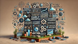 Foundations of Early Growth illustration featuring digital marketing symbols, computer screens, graphs, charts, customer feedback icons, and strategic planning visuals. Key points such as market research, customer feedback, strategic planning, and iterative improvements are highlighted.