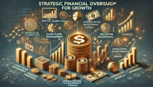 Strategic Financial Oversight for Growth illustration featuring digital marketing symbols, financial charts, cash flow management visuals, funding icons, and investment graphs. Key points such as effective allocation of funds, cash flow management, securing funding, understanding investment timing, and preparing financial models are highlighted.