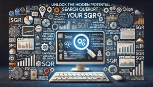 Unlock the Hidden Potential of Your SQR illustration featuring digital marketing symbols, computer screens, graphs, charts, and search query icons. Key points such as uncovering valuable keywords, improving ad relevance, and identifying negative keywords are highlighted.