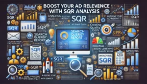 Boost Your Ad Relevance with SQR Analysis illustration featuring digital marketing symbols, computer screens, graphs, charts, and search query icons. Key points such as analyzing SQR, aligning ad copy with search queries, creating targeted and compelling ads, improving Quality Score, and lowering cost-per-click (CPC) are highlighted.