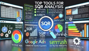 Top Tools for SQR Analysis illustration featuring digital marketing symbols, computer screens, graphs, charts, and tool icons for Google Ads, SEMrush, and Ahrefs. Key points include understanding search queries, detailed insights, and competitive analysis features.