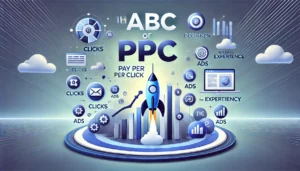 Illustration of the basics of Pay Per Click (PPC) advertising with icons for clicks, ads, and a rising graph, featuring a rocket symbolising growth