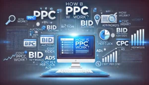 Illustration of the PPC auction system with icons for auctions, bidding, keywords, and ads, featuring a computer screen with search results and cost per click indicators

