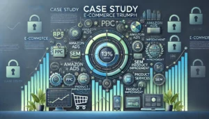 Illustration of e-commerce success story with icons for PPC, Amazon Ads, SEM, marketing services, and a rising graph for ROAS improvement

