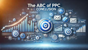 Illustration of the journey of mastering PPC with icons for learning, optimisation, and growth, featuring a pathway to success, a rising graph, and a target with arrows hitting the bullseye