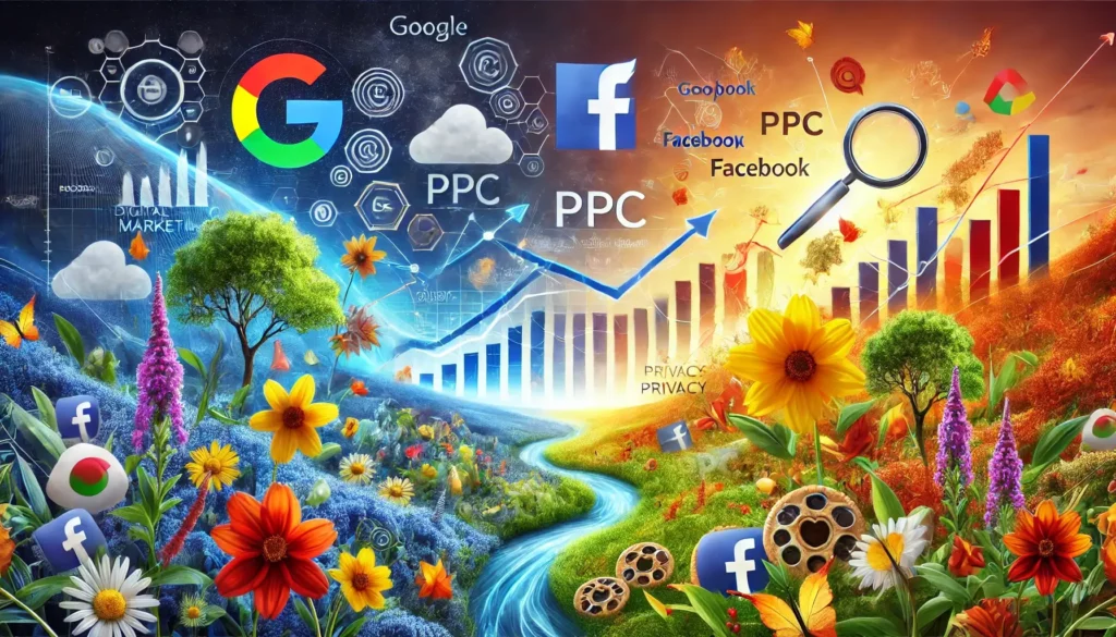 PPC News July 2024: A vibrant digital marketing landscape transitioning from summer to autumn, featuring blooming flowers and emerging autumn leaves. Symbols of PPC, such as Google and Facebook logos, along with icons representing cookies and privacy features, are present. Charts and graphs in the background indicate growth and adaptation.