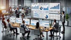 A business team in a modern office conducting a detailed Google Ads audit, with charts, graphs, and data analysis tools displayed on large screens, illustrating the benefits of a Google Ads audit.