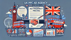 An image illustrating UK PPC Ad Agency Pricing, focusing on the importance of contracts and expectations. The image features a contract document, a handshake, and charts or graphs representing metrics and expected outcomes, with UK-themed icons like the British flag, a double-decker bus, and a London skyline silhouette.