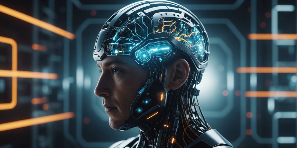 The Future of AI concept featuring a person with an advanced robotic helmet, symbolizing the integration of human and artificial intelligence.