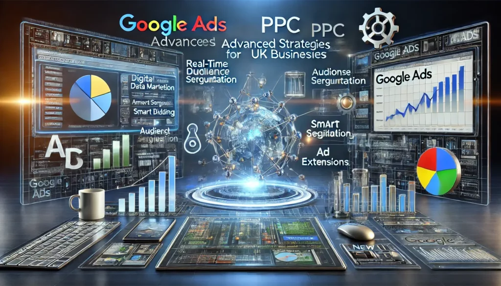 Google Ads PPC advanced strategies for UK businesses, showcasing a digital marketing dashboard with real-time analytics, audience segmentation, smart bidding, and ad extensions, symbolizing the transition from outdated AdWords tactics.