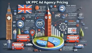 An image illustrating UK PPC Ad Agency Pricing with a focus on how industry competition and keyword complexity influence PPC management costs. It features a graph showing high bid amounts and competitive keywords affecting ad placements, with UK-themed icons like the British flag, a double-decker bus, and a London skyline silhouette in the background.