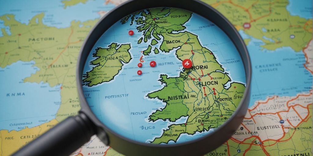 A magnifying glass focusing on a map of the UK, emphasizing questions to ask before hiring a UK PPC agency.