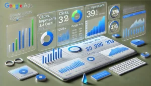 A professional dashboard showing Google Ads reporting metrics with clear graphs and charts illustrating clicks, impressions, and costs.