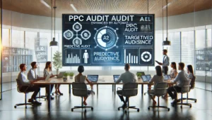 A digital marketing team conducting an audit with AI and automation in PPC audits, focusing on a large screen displaying predictive analytics and targeted audience data.