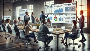 A professional digital marketing team in a modern office, providing transparent communication with regular updates on Google Ads campaigns displayed on large screens. This showcases expert Google Ads management.