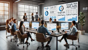 A professional digital marketing team working in a modern office, focusing on Google Ads management with large screens showing Google Ads dashboards and detailed audience targeting charts. This demonstrates expert Google Ads management in action.