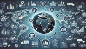 An illustration of a global network of suppliers, showcasing diverse geographic locations to address supply chain issues. Suppliers are connected through lines to a central hub, represented by icons of factories, warehouses, and shipping containers from various regions.