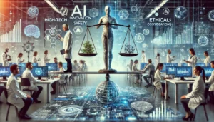 A scene illustrating the risks of AI, with scientists and researchers balancing AI innovation and safety in a lab setting, highlighting the importance of ethical AI research.