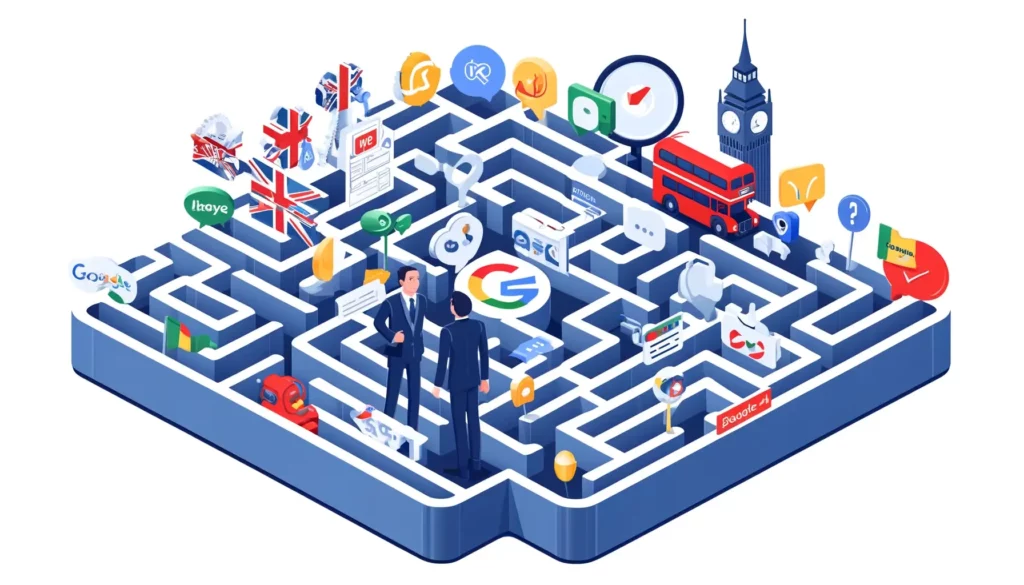 How UK Agencies Simplify Digital Marketing for busy professionals, depicted as a maze filled with digital marketing icons and UK elements like the British flag and Big Ben, illustrating the complexity of navigating digital marketing.