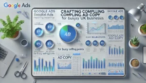 A professional dashboard displaying essential Google Ads reporting metrics with graphs and charts focusing on crafting compelling ad copy for busy UK businesses.