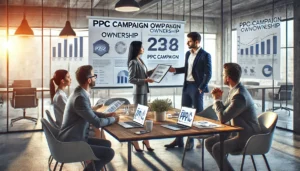 A business meeting in a modern office discussing PPC campaign ownership, crucial for understanding questions to ask before hiring a UK PPC agency.