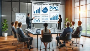 A business professional presenting a detailed case study in a modern conference room, illustrating questions to ask before hiring a UK PPC agency.