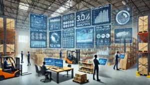 An illustration of a modern warehouse using automated forecasting tools to overcome supply chain issues. Digital screens display data analysis, graphs, and charts predicting future demand.