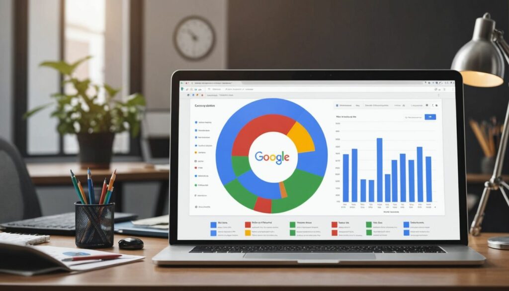 A laptop screen displaying Google Analytics with colourful charts and graphs, highlighting expert Google Ads management for effective digital marketing strategies.