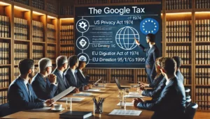 A group of businesspeople in a conference room discussing the legal and regulatory landscape of the Google Tax, with a presentation slide showing key regulations like the US Privacy Act of 1974 and the EU Directive 95/46/EC of 1995.