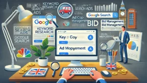 Essential Qualities to Look for in a UK PPC Ecommerce Agency: A UK-based PPC specialist working on Google Search ads on a computer, surrounded by keyword research tools, ad copy examples, and bid management dashboards in a modern office with British symbols.