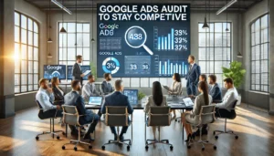 A business team in a modern office conducting a Google Ads audit to stay competitive, with data, market trends, and performance metrics displayed on large screens, illustrating the benefits of a Google Ads audit.