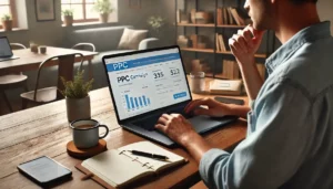 A small business owner sitting at a desk, looking at a laptop screen displaying PPC advertising campaign results, illustrating how PPC advertising can be effective for small businesses starting with a simple campaign.