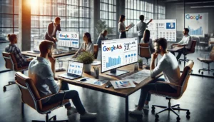 A dedicated digital marketing team working collaboratively in a modern office, focused on Google Ads campaigns displayed on large computer screens with detailed analytics. This showcases expert Google Ads management in action.