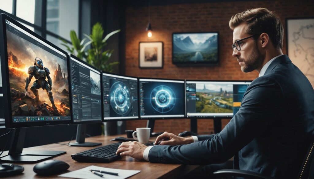 Digital marketing manager working at a desk with multiple computer monitors displaying digital content and analytics