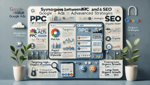 Graphic illustrating Google Ads PPC Advanced Strategies showing the synergies between PPC and SEO, with a split screen of paid ads and organic search results, highlighting the benefits of aligning PPC and SEO goals.