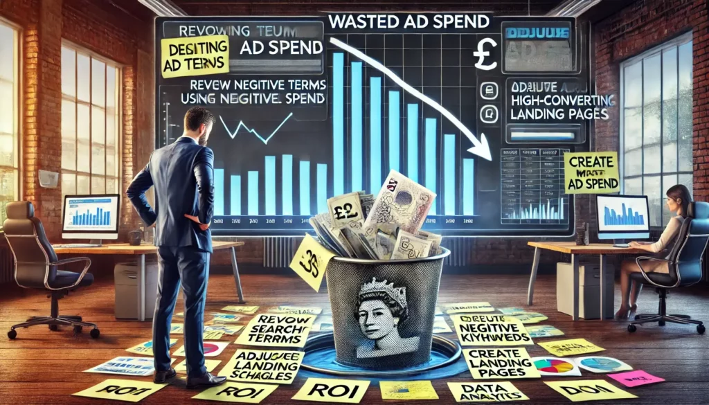 A frustrated business professional looking at a screen showing declining ad spend performance, with pound notes going down a drain, highlighting the need to cut down on wasted ad spend.