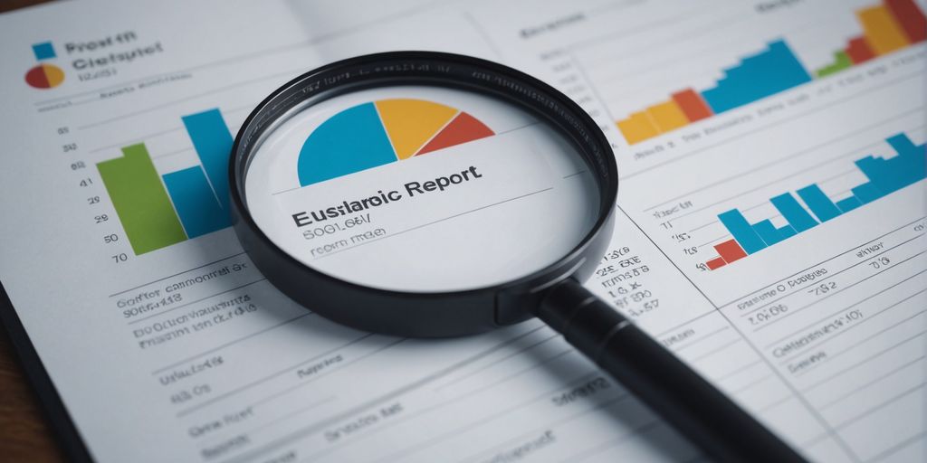 Search Query Report magnified on a paper with colorful graphs and charts, emphasizing the importance of detailed analysis for PPC campaigns.