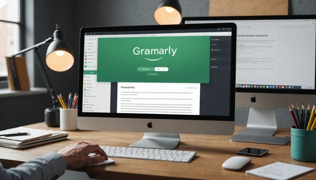 Grammarly app fixing grammar on a computer screen. Person using Grammarly on a desktop computer in a modern office setting