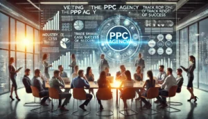 A diverse team of professionals in a modern office setting vetting PPC agency ratings, with charts, case studies, and testimonials on large screens, focusing on key factors like industry experience, success track record, and a data-driven approach.