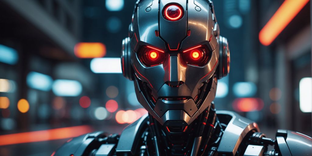 A menacing robot with glowing red eyes, representing the potential risks of AI in terms of autonomy and control in an urban setting.