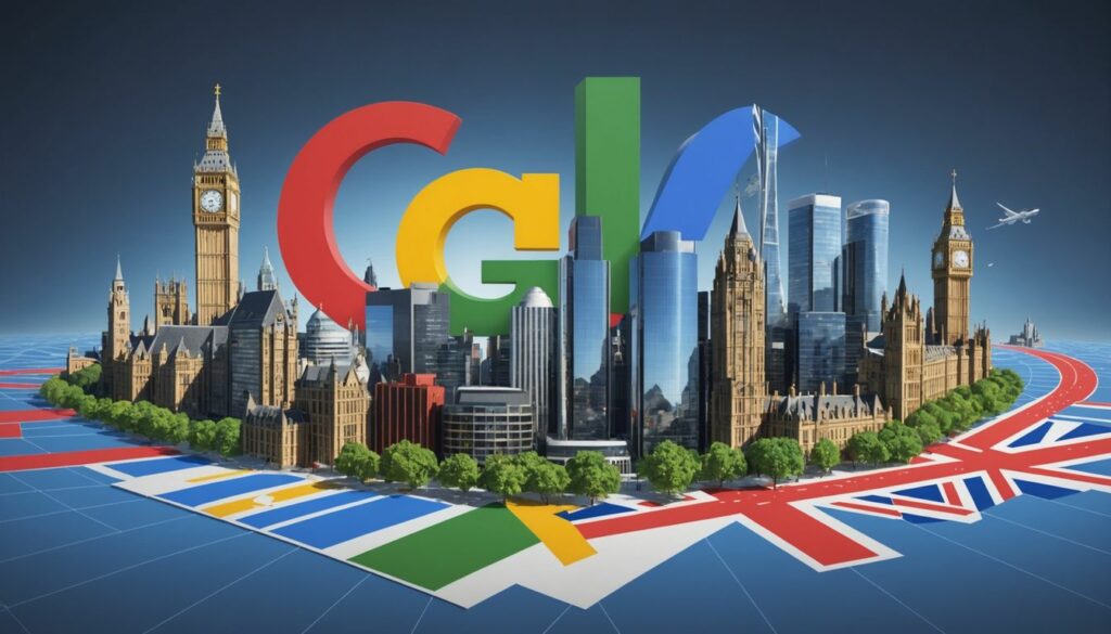 The image illustrates Google Ads Trends, featuring a cityscape with London landmarks and the Google logo, symbolising the integration of Google Ads in the UK market.