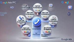 Graphic illustrating Google Ads PPC Advanced Strategies with various ad extensions, including call extensions, site link extensions, callout extensions, and structured snippets, to enhance visibility.