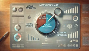 A detailed diagram explaining Impression Share in online advertising, featuring a pie chart divided into Actual Impressions and Potential Impressions, with a magnifying glass icon for analysis.